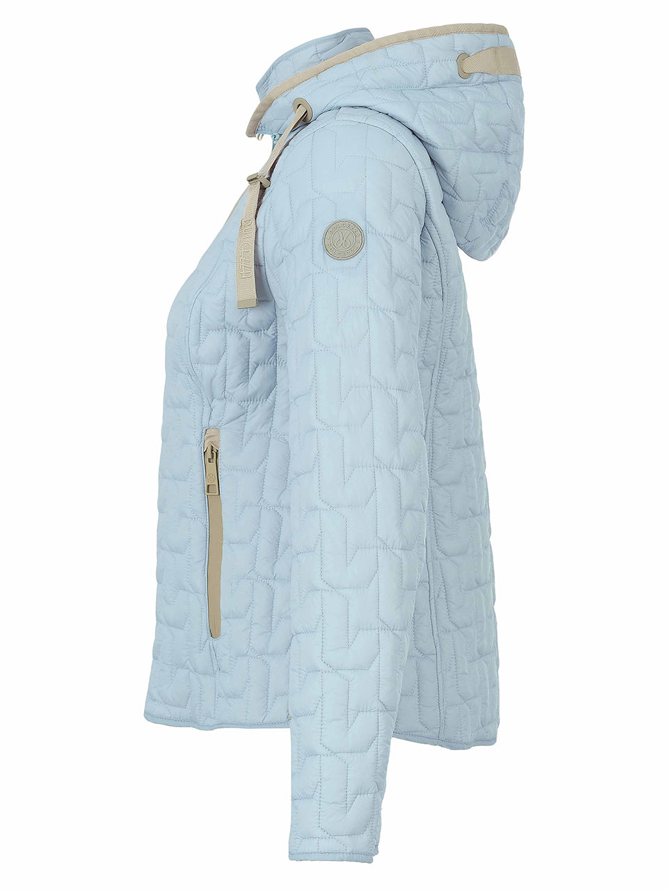 Manteau matelassé bleu ciel avec détails beiges, vue de côté
