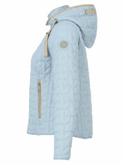 Manteau matelassé bleu ciel avec détails beiges, vue de côté