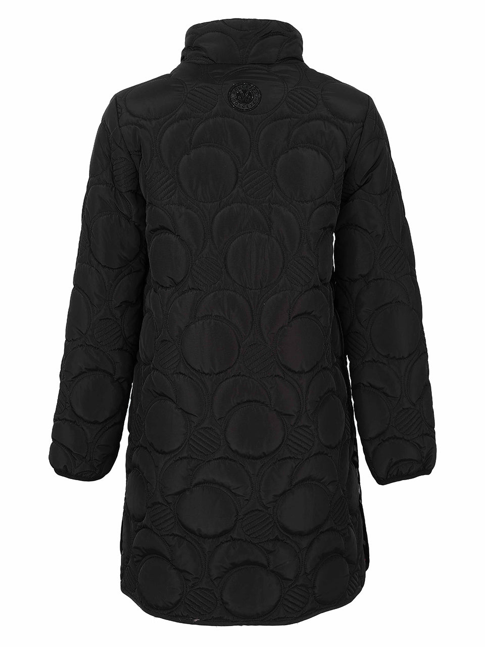 Manteau noir matelassé mi-long à motifs circulaires vu de dos