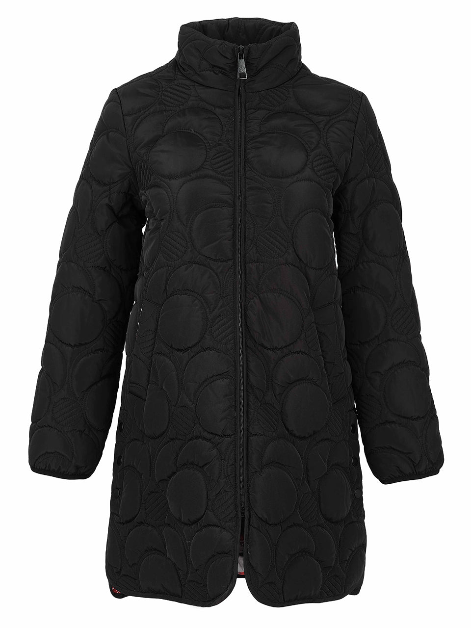 Manteau noir matelassé mi-long à motifs circulaires vu de face