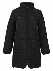 Manteau noir matelassé mi-long à motifs circulaires vu de face