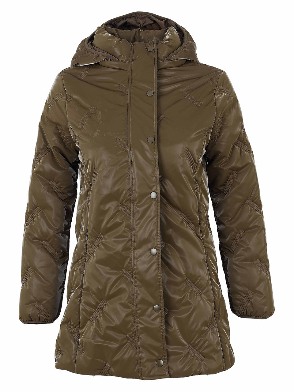 Manteau brun matelassé brillant avec capuchon vu de face