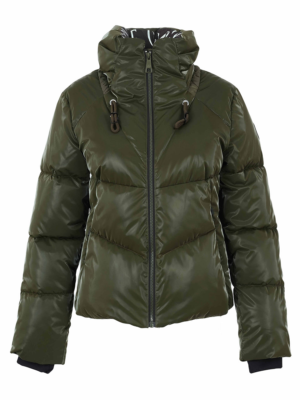 Manteau matelassé court kaki lustré avec capuchon et poignets noirs Dolcezza