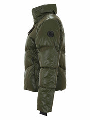 Manteau matelassé court kaki lustré avec capuchon et poignets noirs Dolcezza
