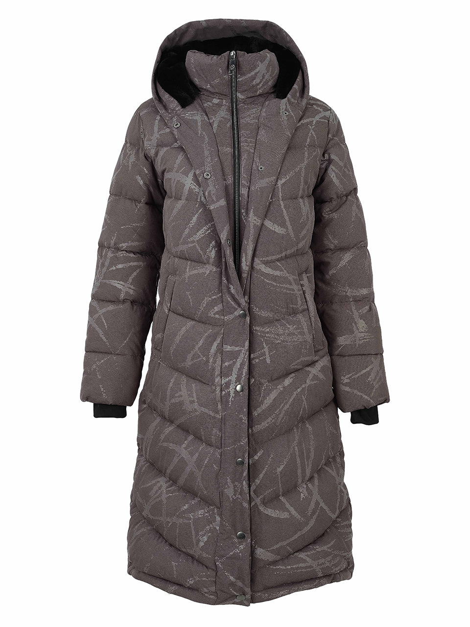 Manteau long charbon matelassé avec capuchon vu de face