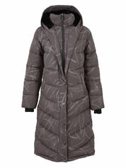 Manteau long charbon matelassé avec capuchon vu de face