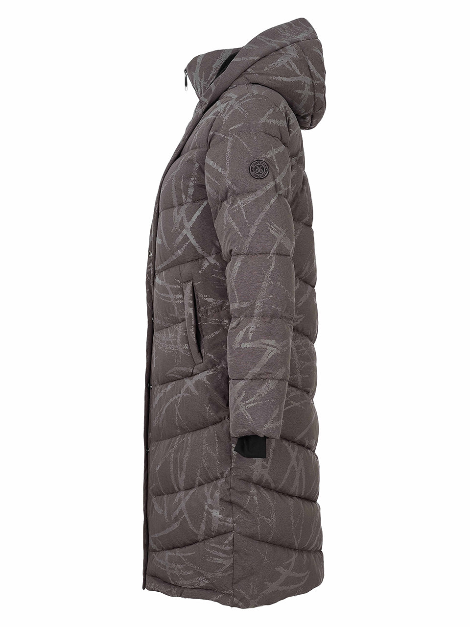 Manteau long charbon matelassé avec capuchon vu de côté