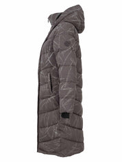 Manteau long charbon matelassé avec capuchon vu de côté