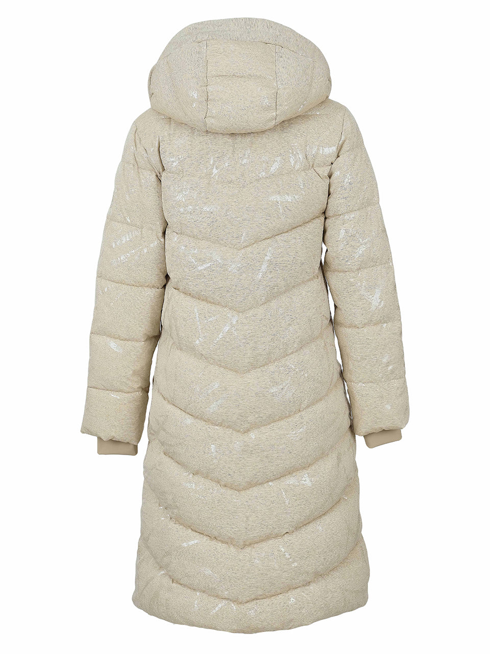 Manteau matelassé long taupe lustré avec capuchon et surpiqûres en chevrons Dolcezza