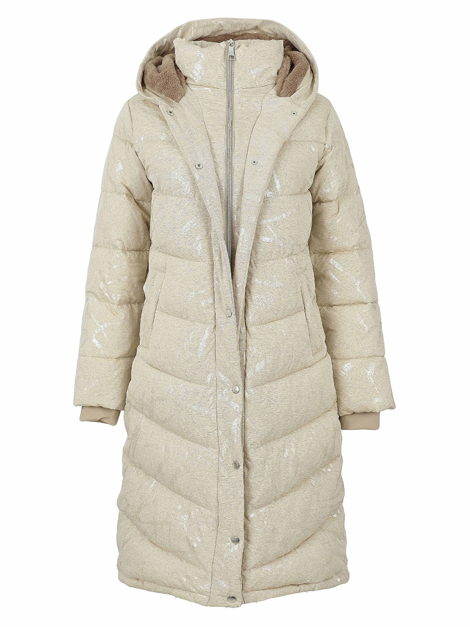 Manteau matelassé long taupe lustré avec capuchon et surpiqûres en chevrons Dolcezza