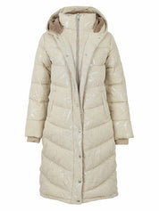 Manteau matelassé long taupe lustré avec capuchon et surpiqûres en chevrons Dolcezza
