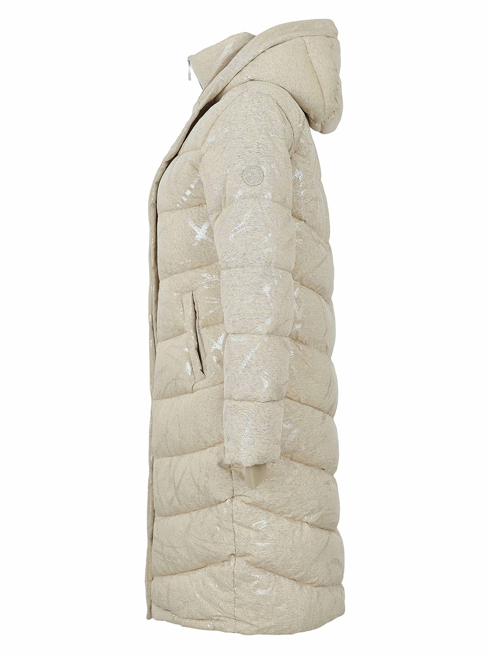 Manteau matelassé long taupe lustré avec capuchon et surpiqûres en chevrons Dolcezza