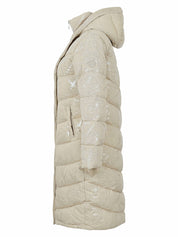 Manteau matelassé long taupe lustré avec capuchon et surpiqûres en chevrons Dolcezza