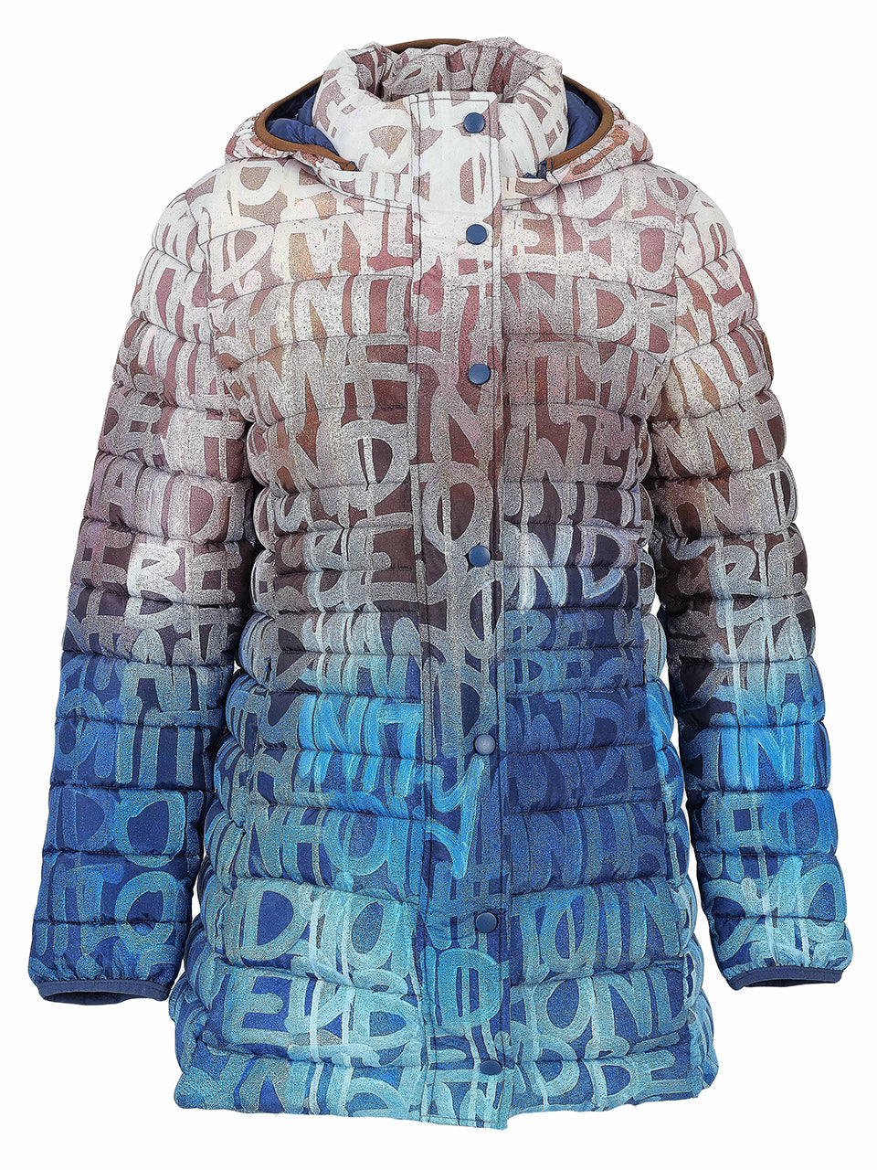 Manteau matelassé à imprimé dégradé crème taupe et bleu vu de face
