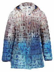 Manteau matelassé à imprimé dégradé crème taupe et bleu vu de face