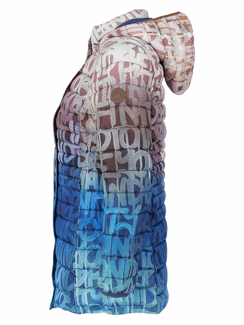 Manteau matelassé multicolore à capuchon vu de côté