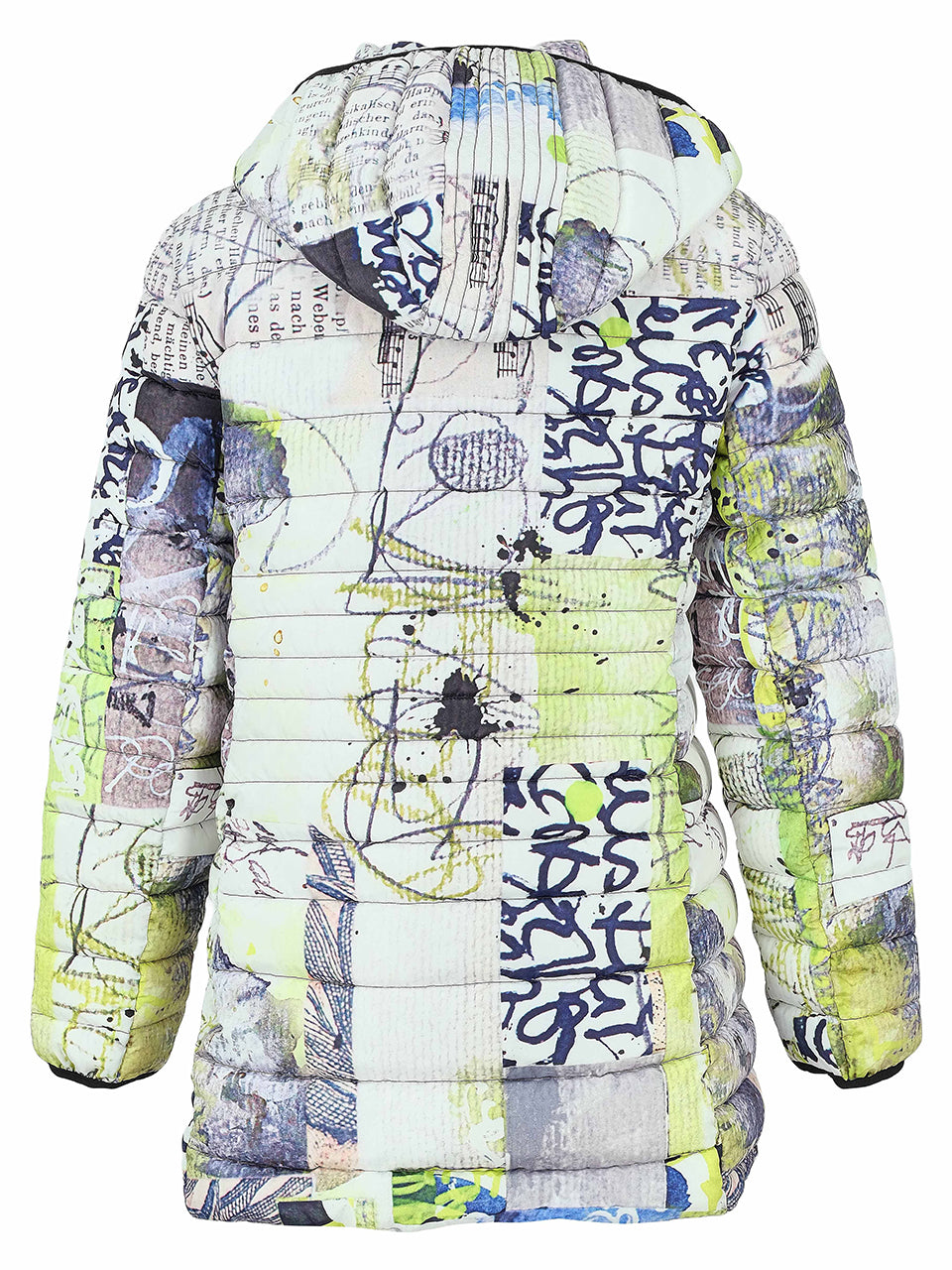 Manteau matelassé long multicolore à imprimé urbain vu de dos 76819