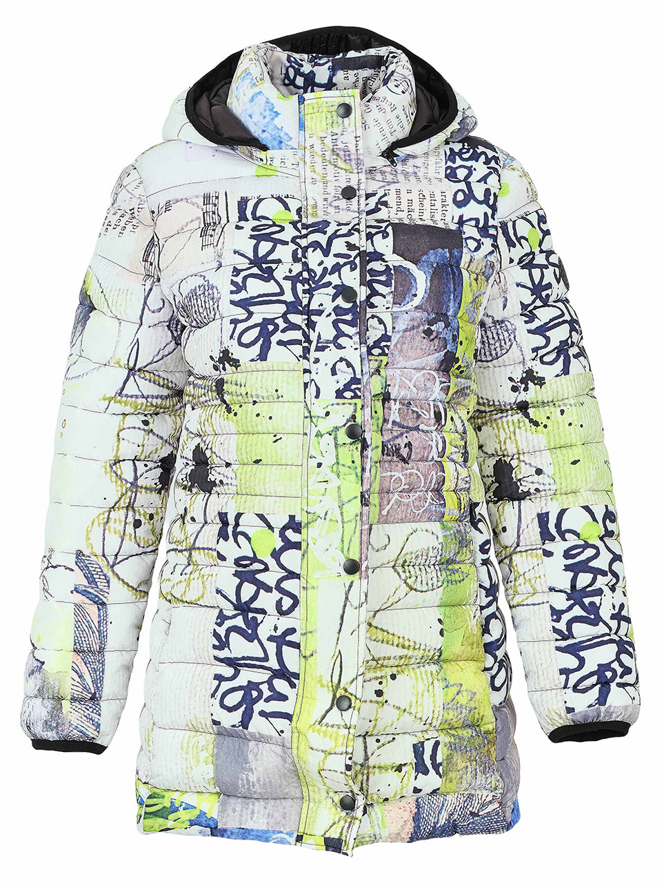 Manteau matelassé long multicolore à imprimé urbain vu de face 76819