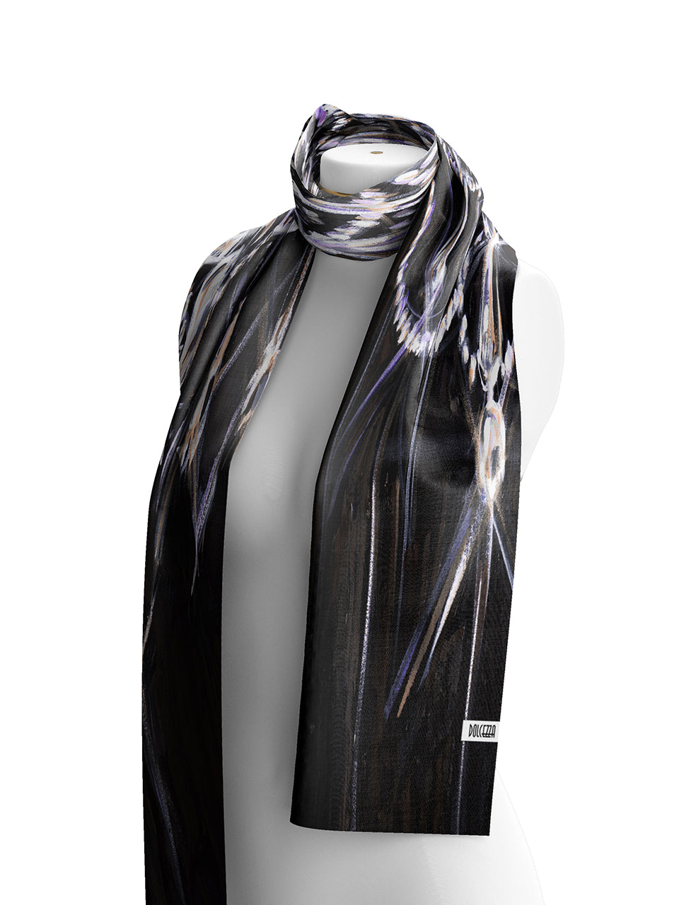 Foulard noir à imprimé abstrait ivoire lilas gris et doré Dolcezza
