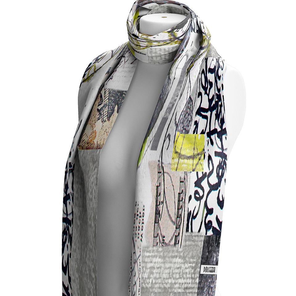 Foulard multicolore à imprimé collage gris marine ivoire et lime Dolcezza