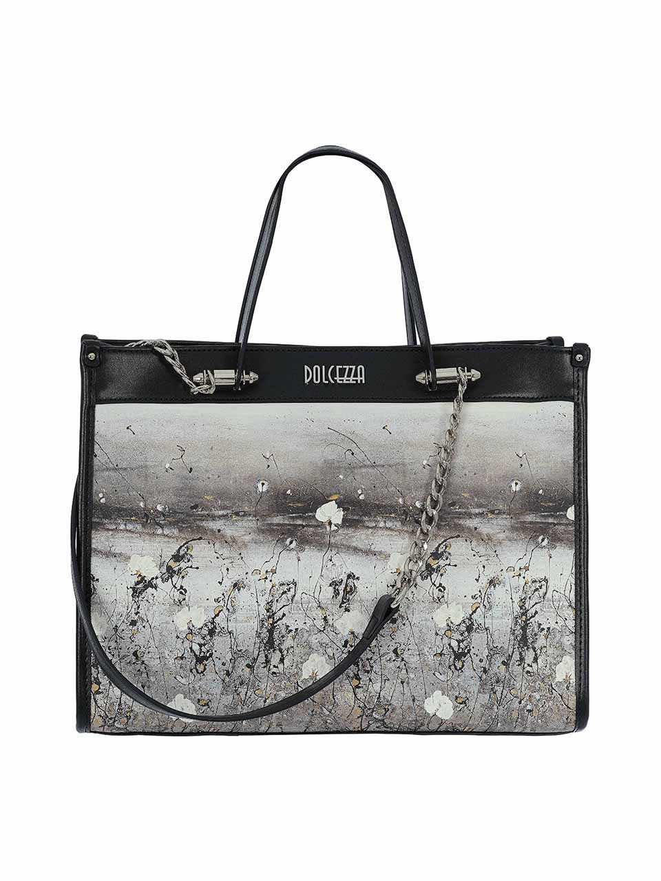Sac à main noir et naturel à panneau imprimé artistique avec poignées et bandoulière Dolcezza