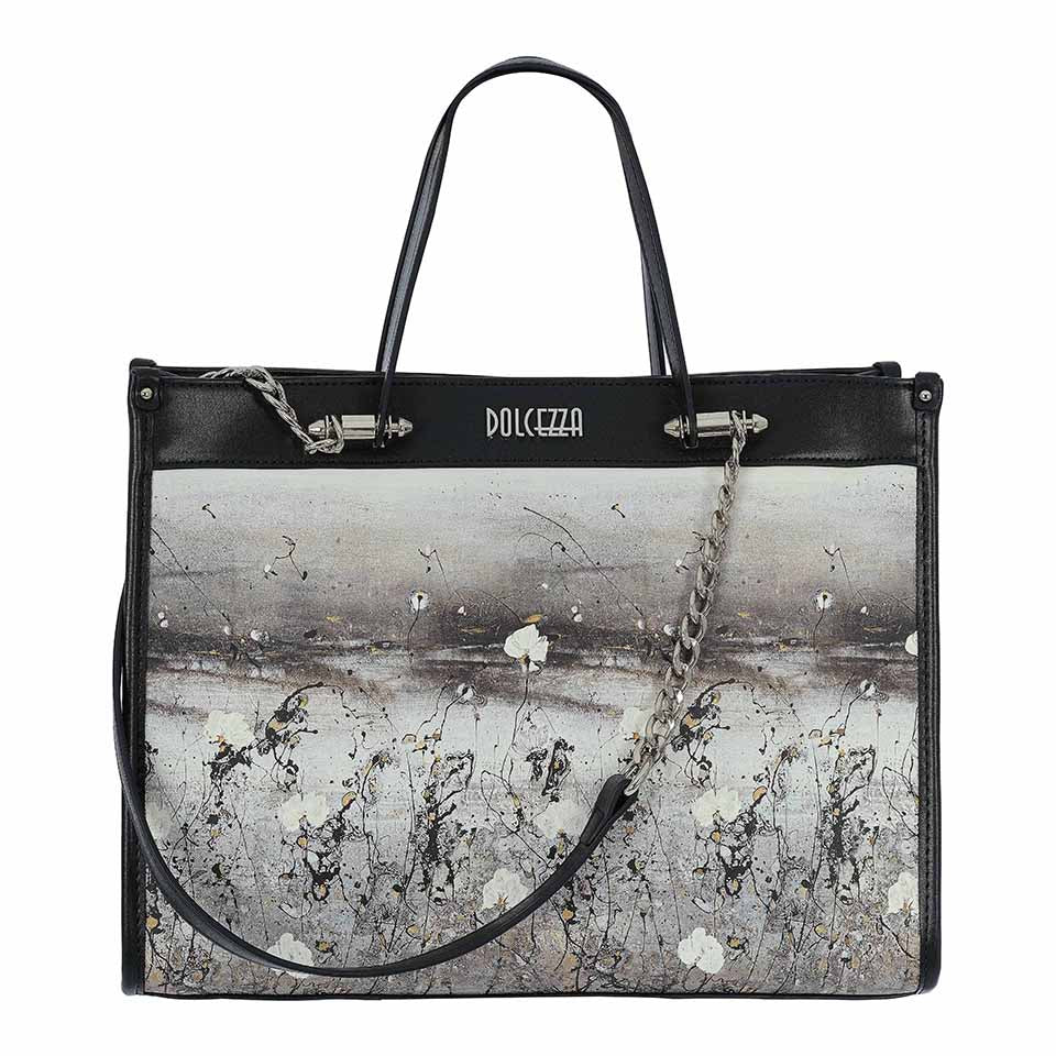 Sac à main noir et naturel à panneau imprimé artistique avec poignées et bandoulière Dolcezza