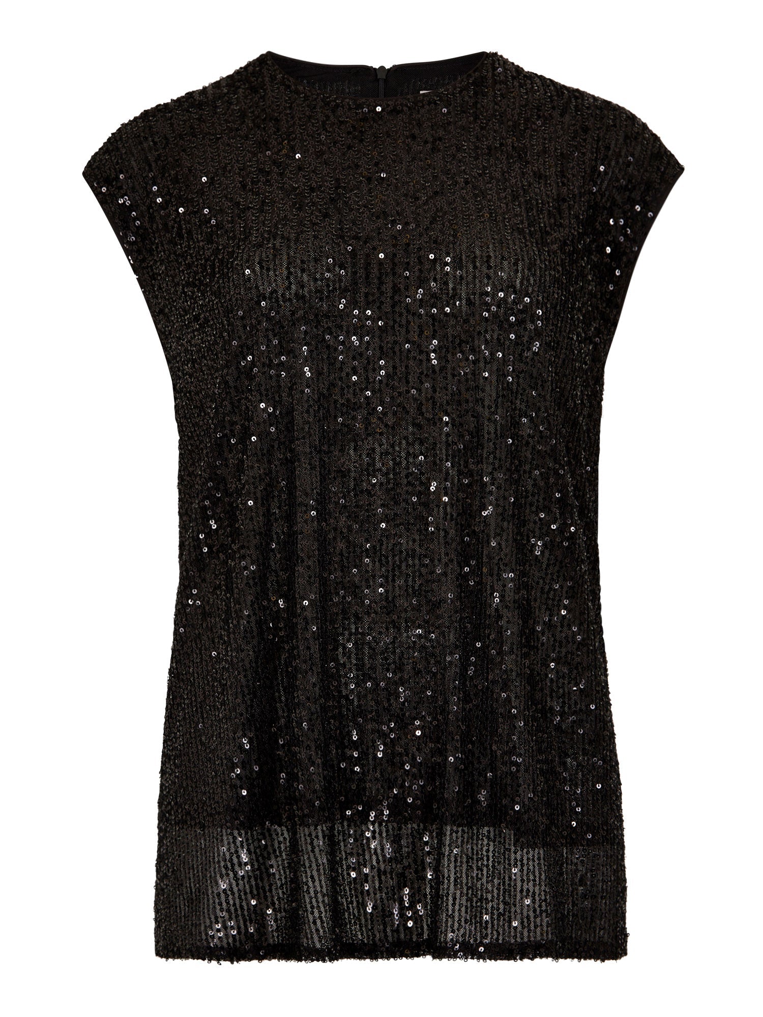 Top de soirée sans manches pour femme, entièrement recouvert de paillettes noires scintillantes. Tissu extensible 94% polyester, 6% élasthanne. Marque Apricot.