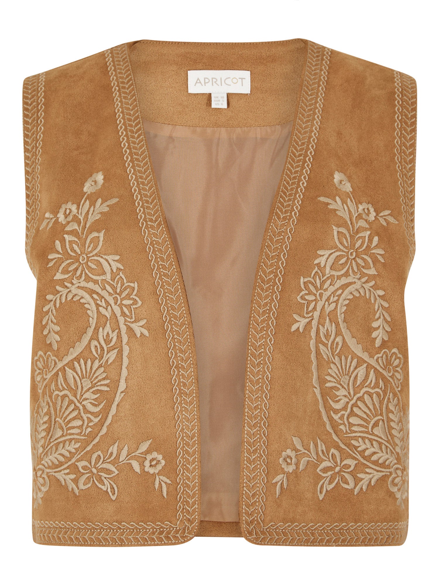 902602_veste_sans_manche_camel_beige_blanc_fausse_suede_fleurs_brodees_apricot_automne_hiver_2024.jpg