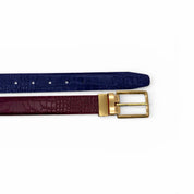 Ceinture Amanda montrant ses deux côtés réversibles bordeaux et beige rosé