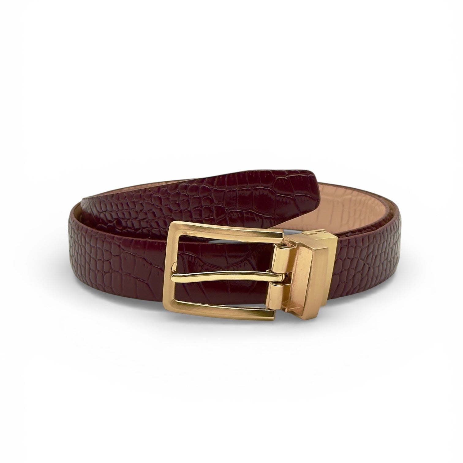 Ceinture Amanda réversible bordeaux effet croco avec boucle dorée
