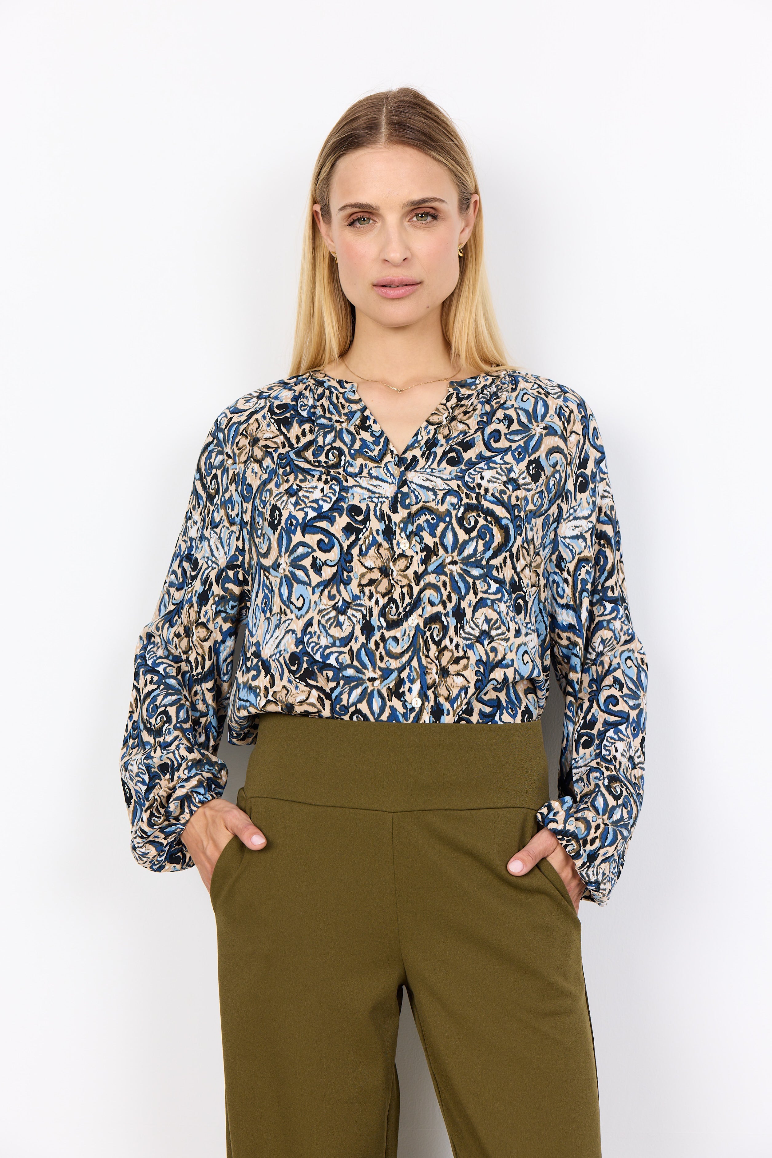 Blouse Imprimée Col V Élastique au Poignet