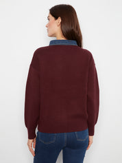 Chandail bourgogne à col et patte boutonnée en denim, look complet – Charlie B C2125-974A