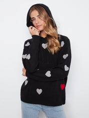 Chandail noir à capuchon avec cœurs blancs et cœur rouge, détail des cœurs – Charlie B C2436-736A
