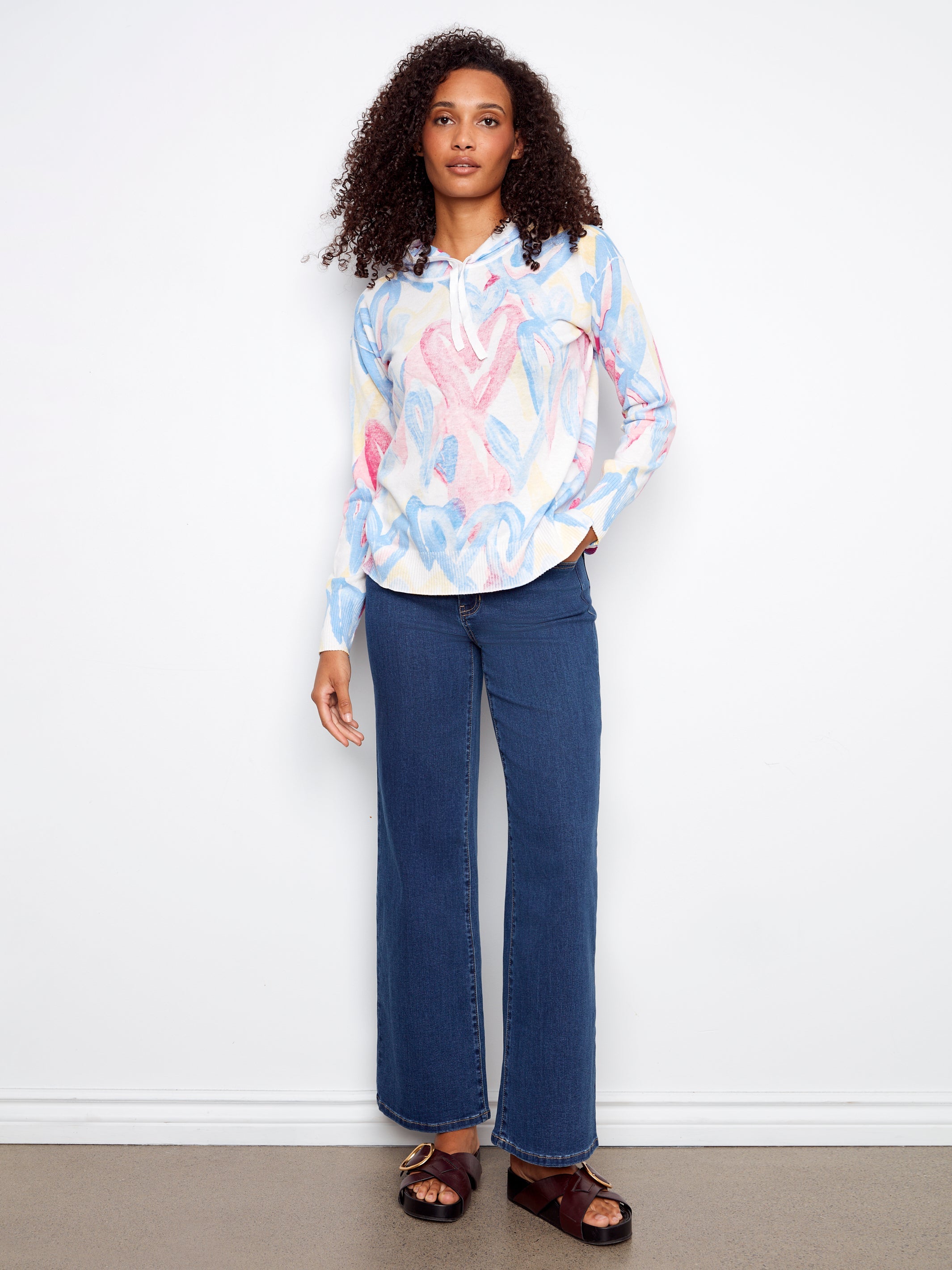 Chandail avec Capuchon en Tricot Léger Imprimé de Coeur multicolores