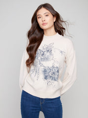 Chandail Tricot Col Rond avec Fleurs
