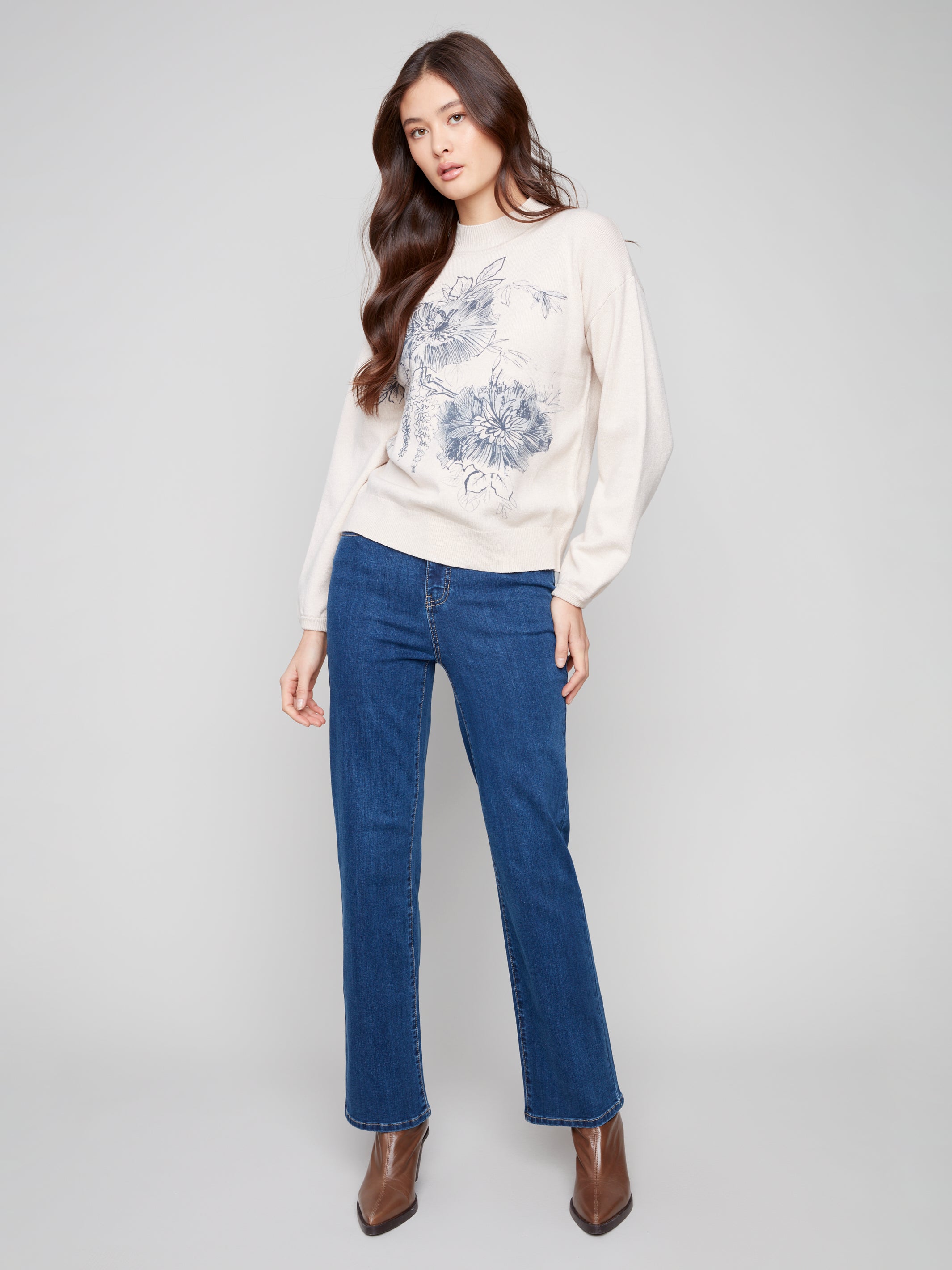 Chandail Tricot Col Rond avec Fleurs