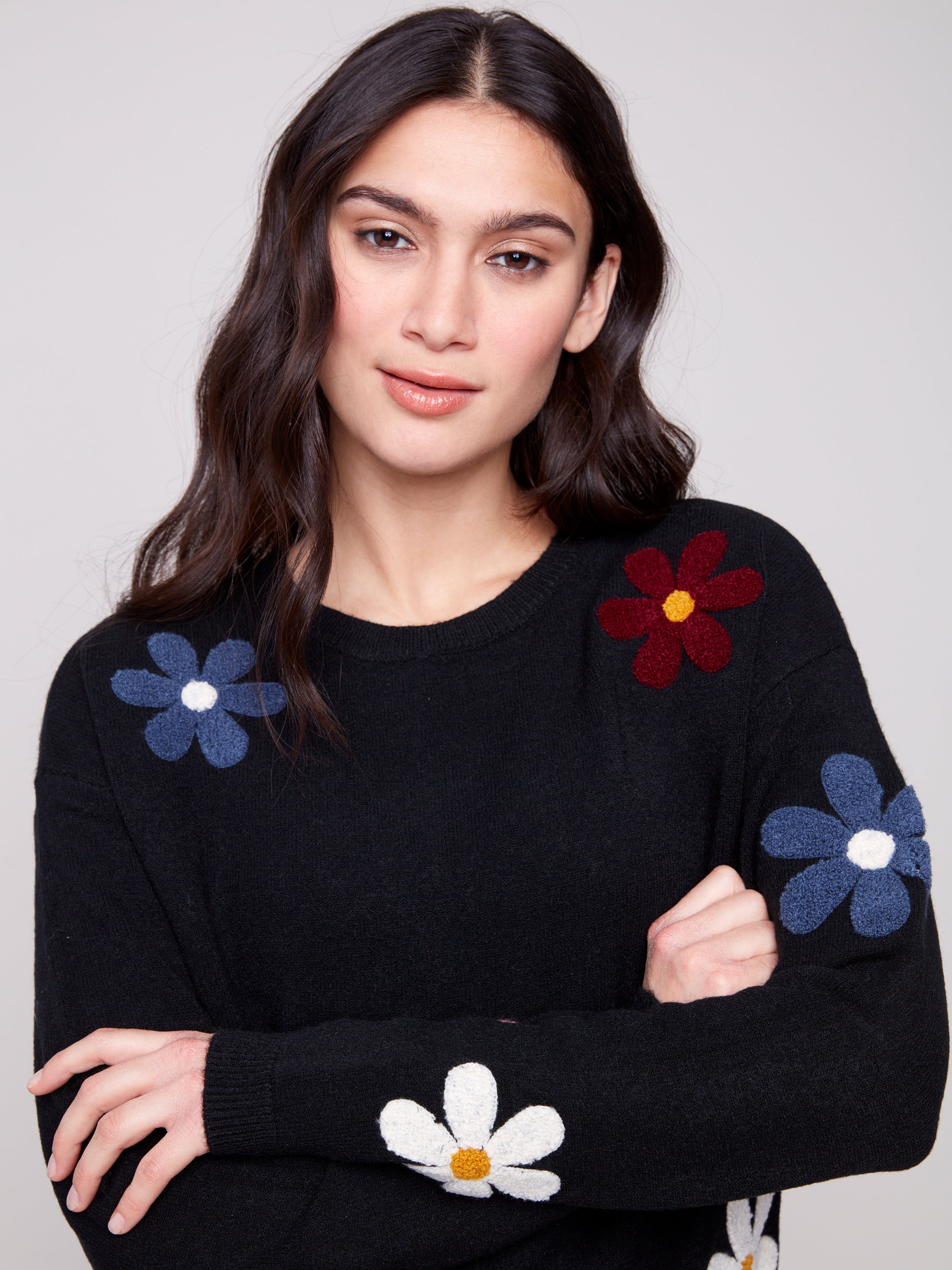 Chandail en Tricot Broderies de Fleurs