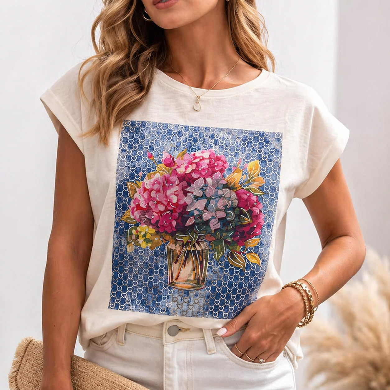 T-Shirt  Manches Courtes avec Bouquet de Fleurs