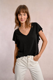 T-Shirt Col en V Manches Volantes
