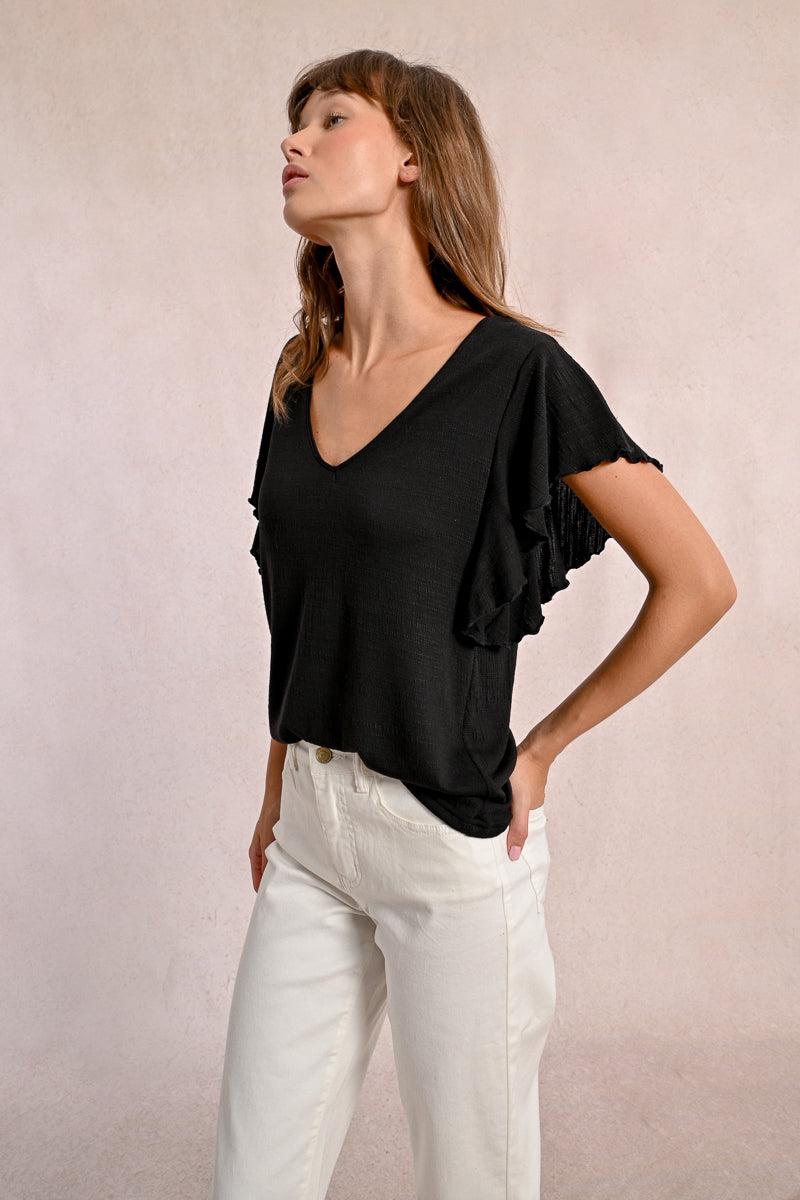 T-Shirt Col en V Manches Volantes