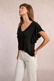 T-Shirt Col en V Manches Volantes