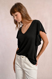 T-Shirt Col en V Manches Volantes