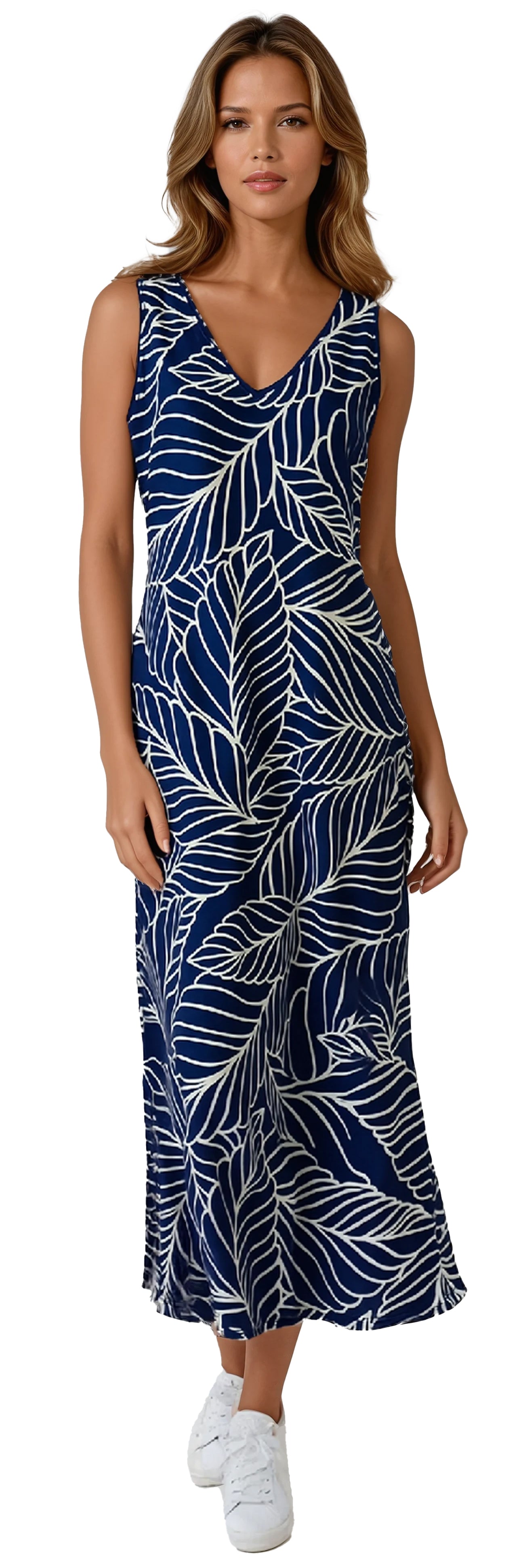 Robe longue de couleur marine avec imprimé feuillage, col en V, tissu extensible en micro-polyester et élasthanne, style fluide et confortable, fabriquée au Canada.