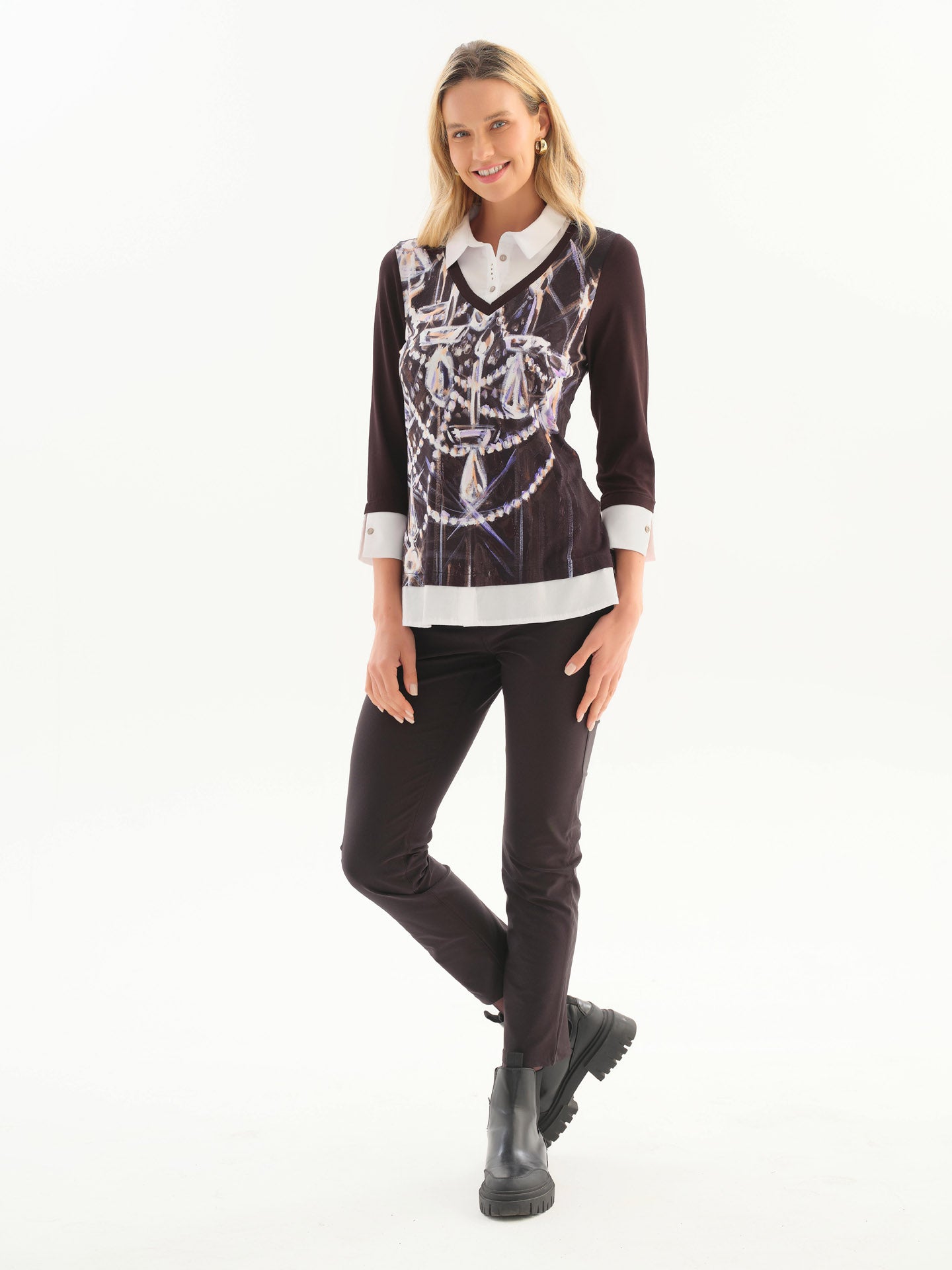 Chandail noir et blanc effet superposé avec col chemise et imprimé abstrait Dolcezza