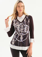 Chandail noir et blanc effet superposé avec col chemise et imprimé abstrait Dolcezza