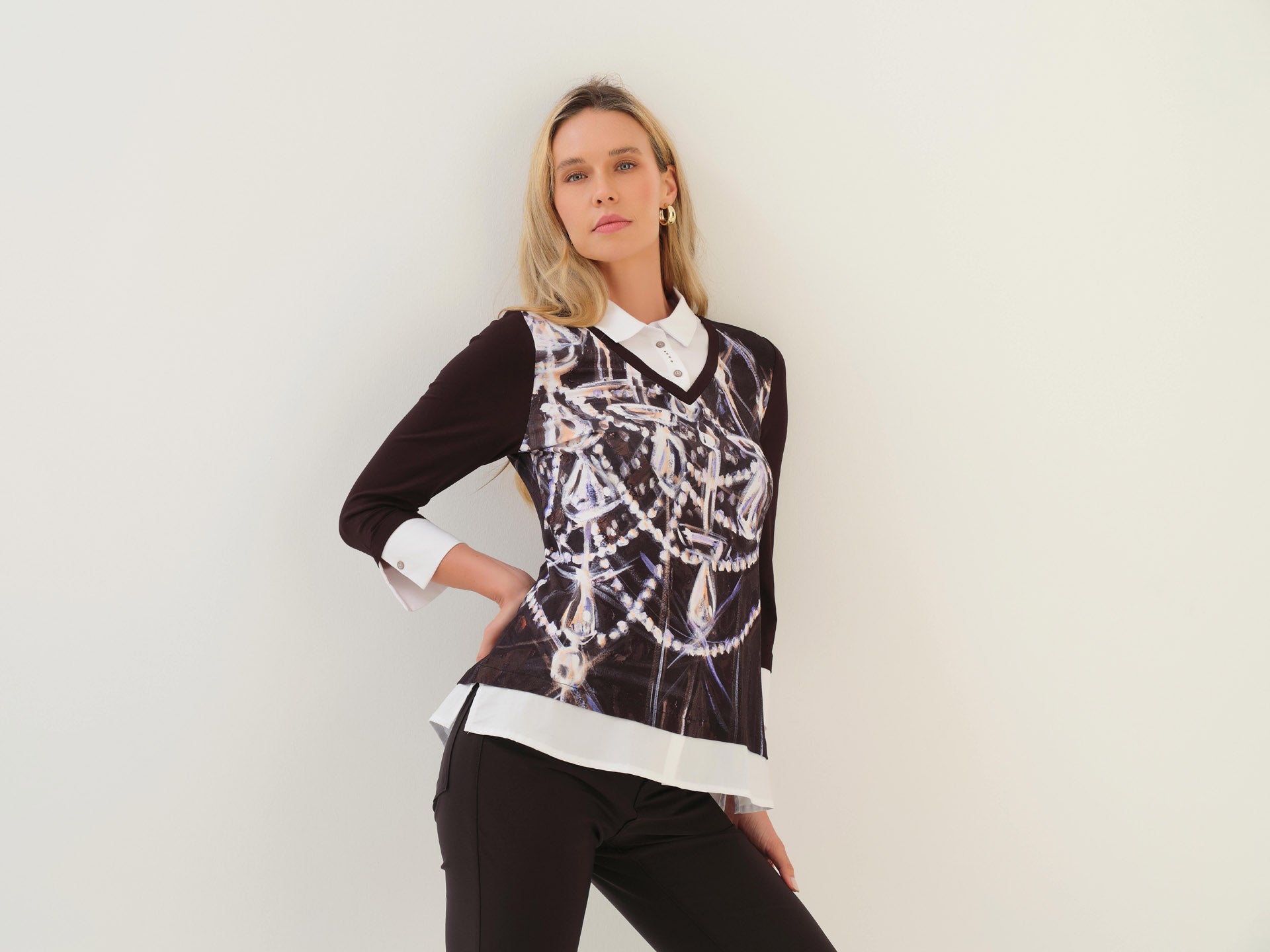 Chandail noir et blanc effet superposé avec col chemise et imprimé abstrait Dolcezza