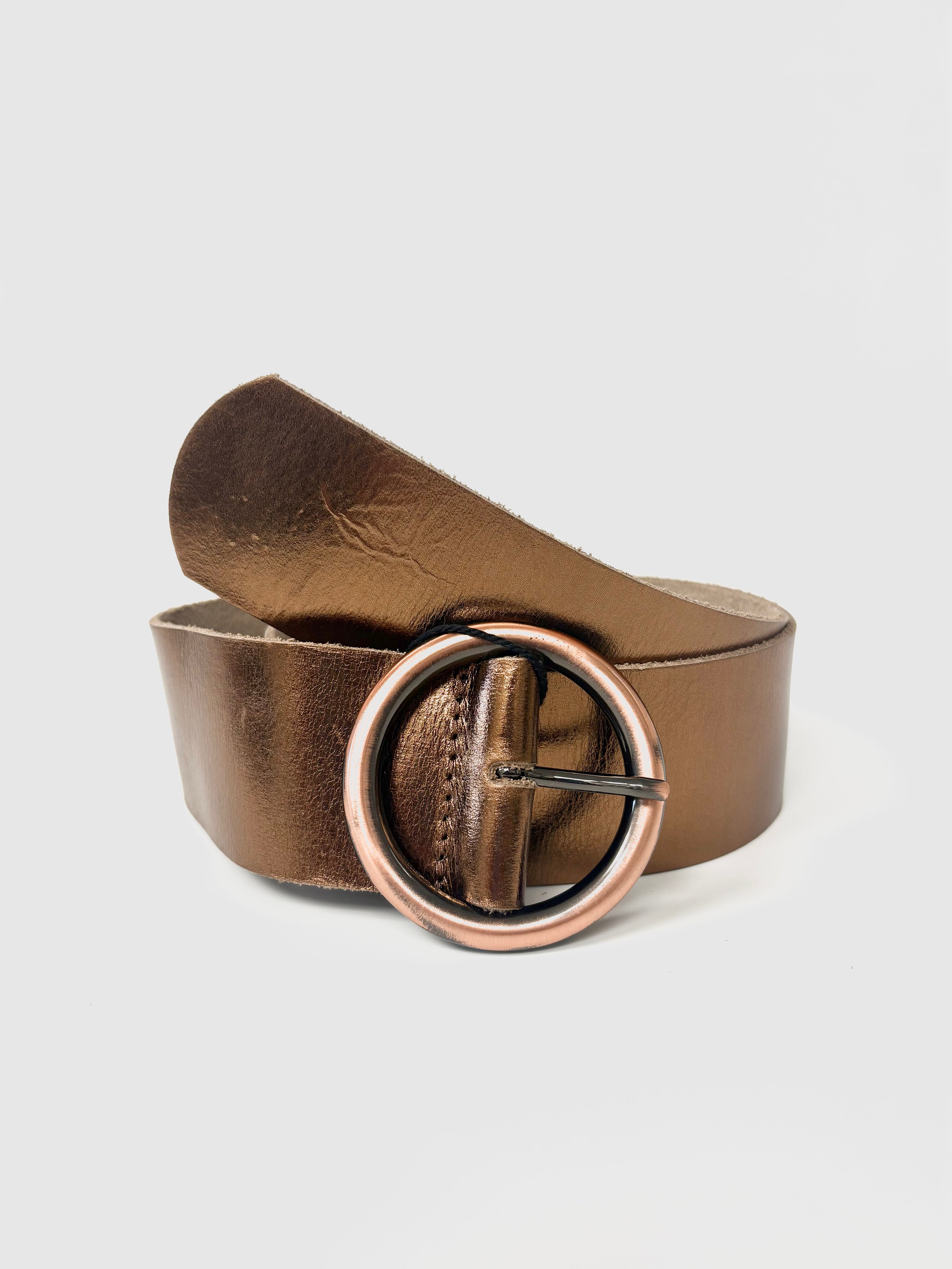 Ceinture en Cuir Métallique Bronze Boucle Ronde