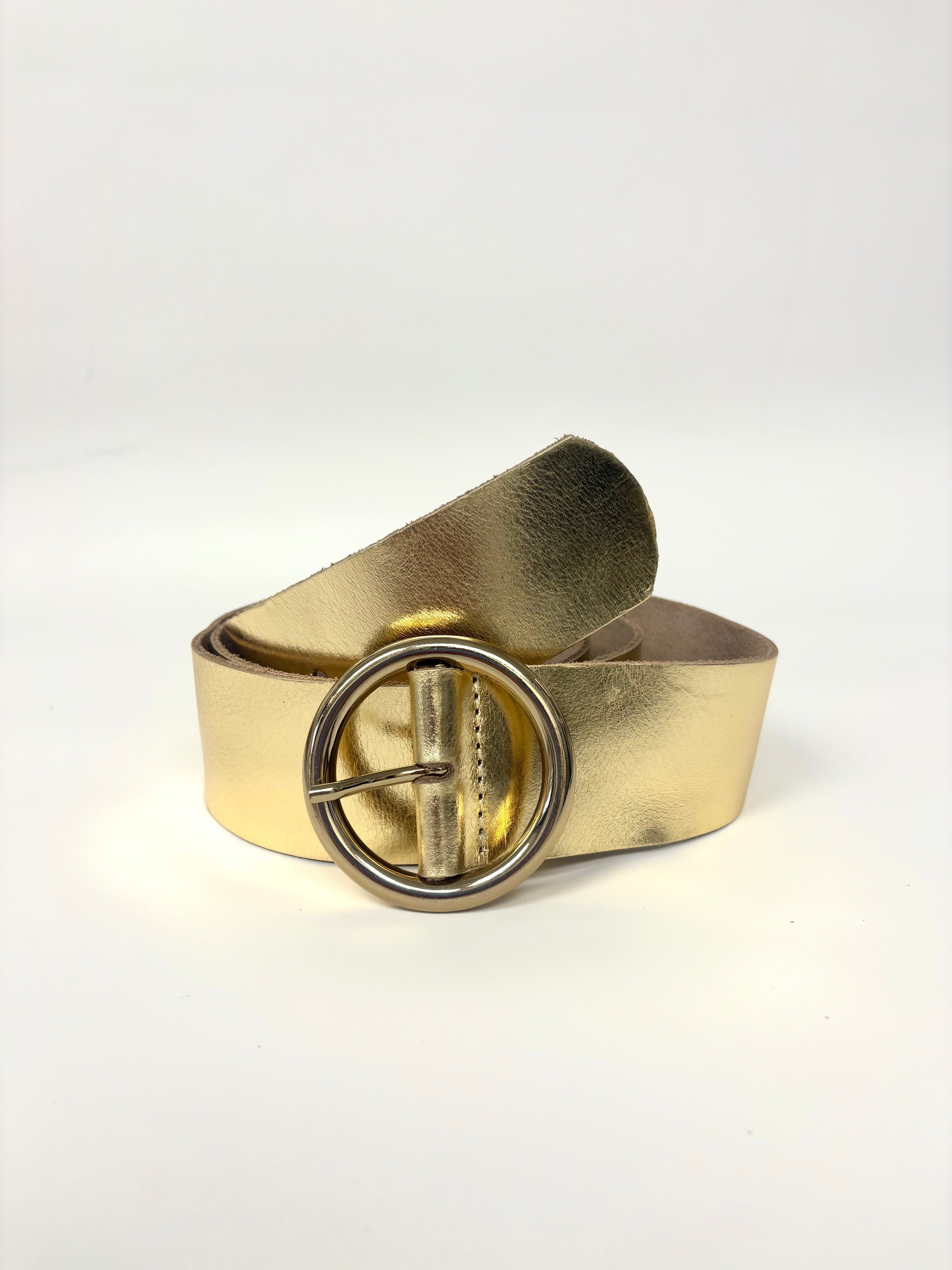 Ceinture en Cuir Métallique Or Boucle Ronde