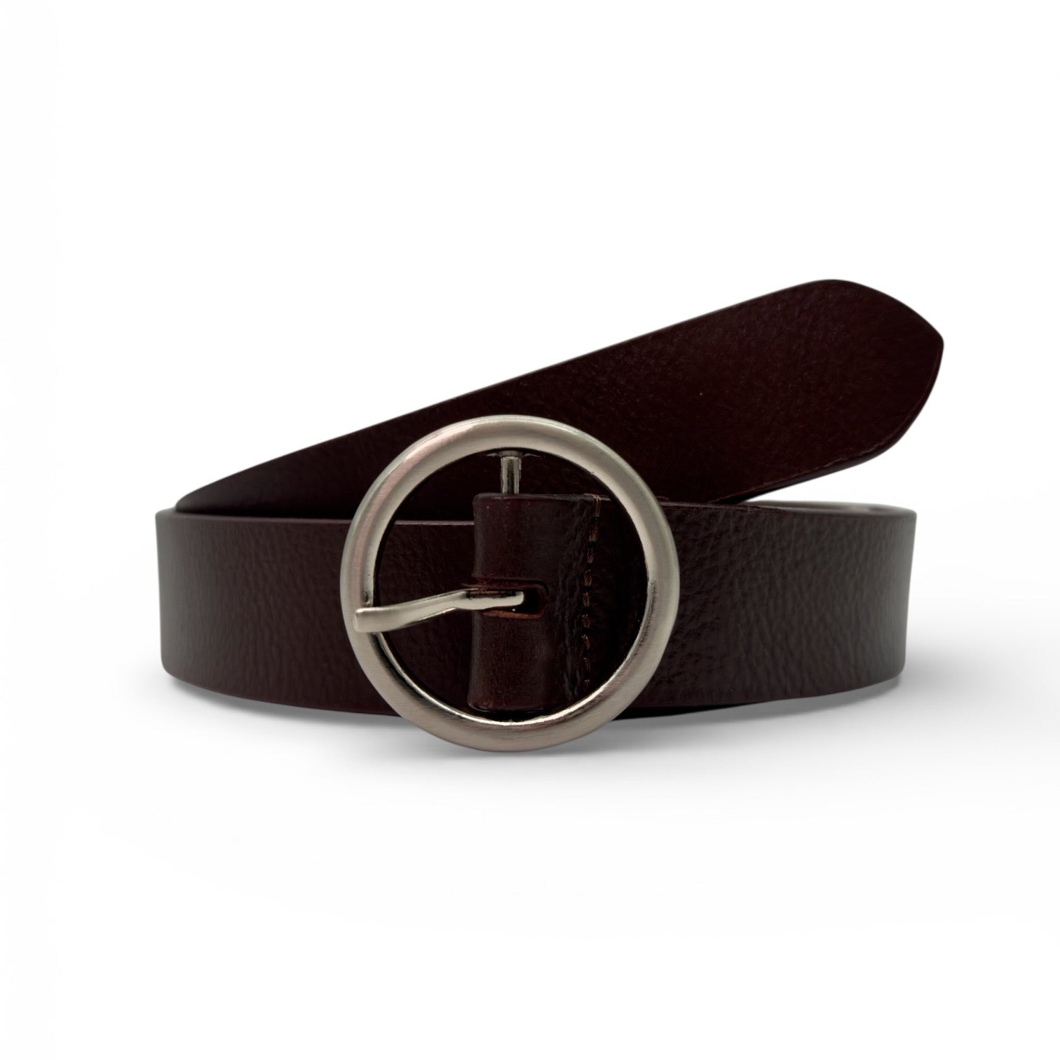 Ceinture Eco7 en cuir brun avec boucle ronde argentée