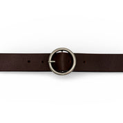 Ceinture Eco7 en cuir brun avec boucle ronde argentée